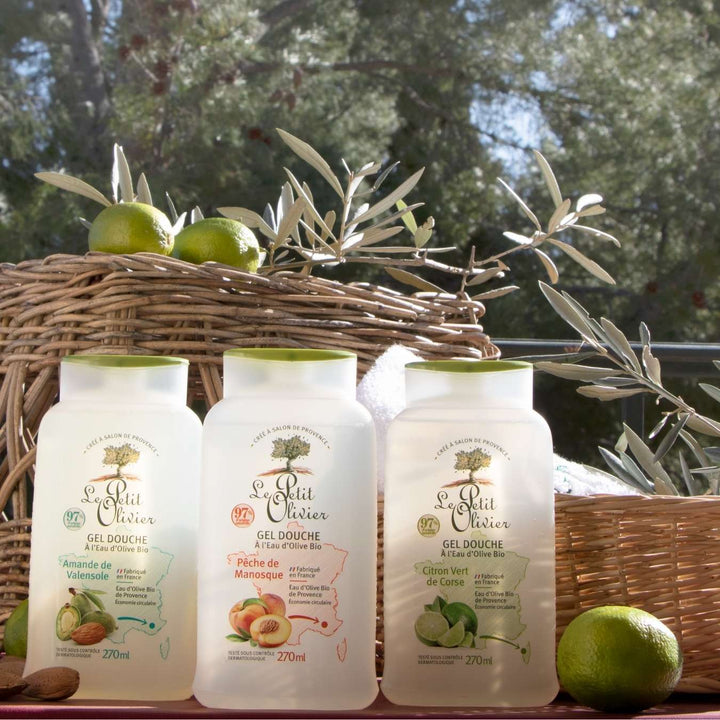 le petit olivier gel douche eau olive bio peche de manosque gamme