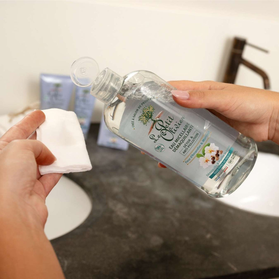 le petit olivier eau micellaire demaquillante detox anti pollution utilisation 1