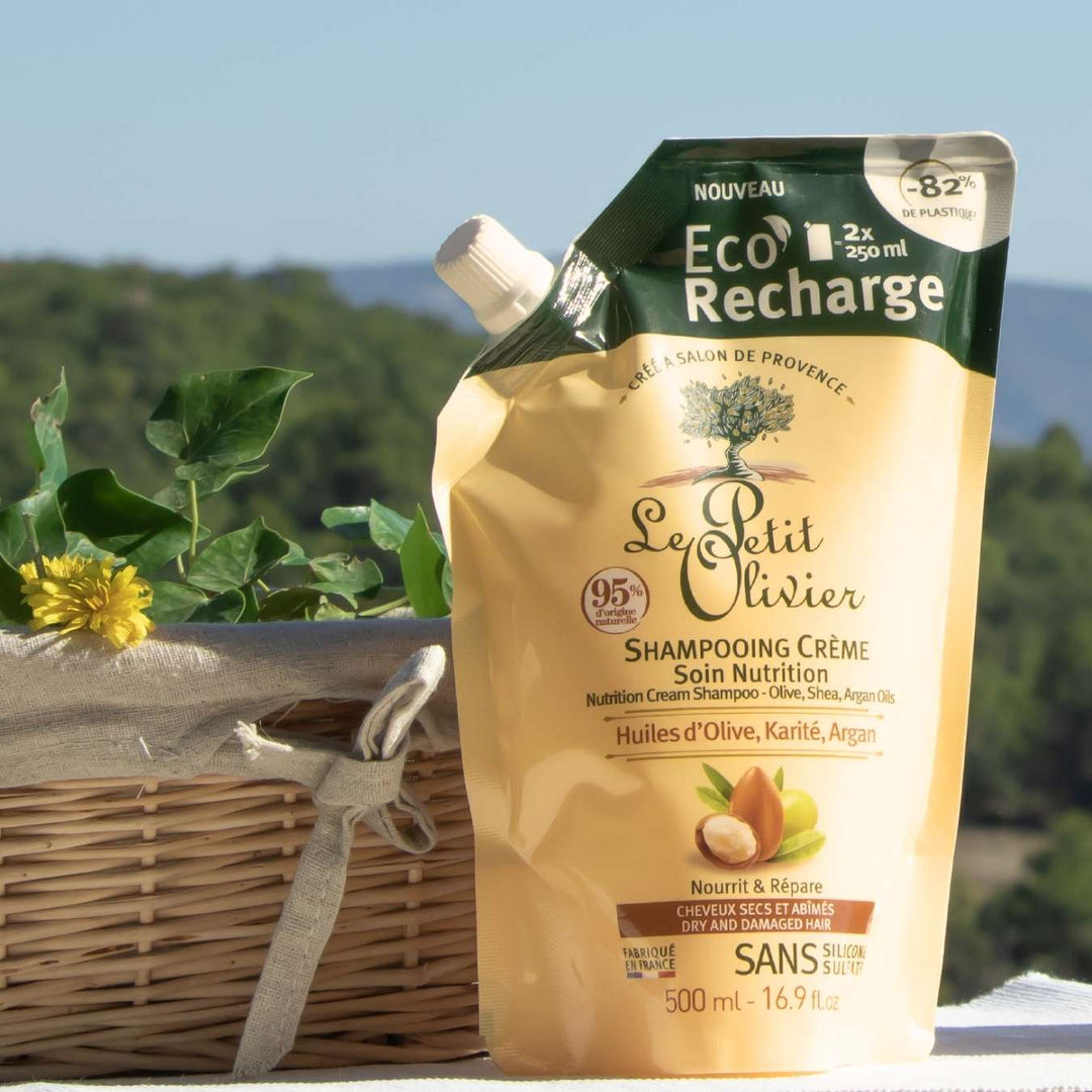 le petit olivier eco recharge shampooing creme soin nutrition olive karite argan produit