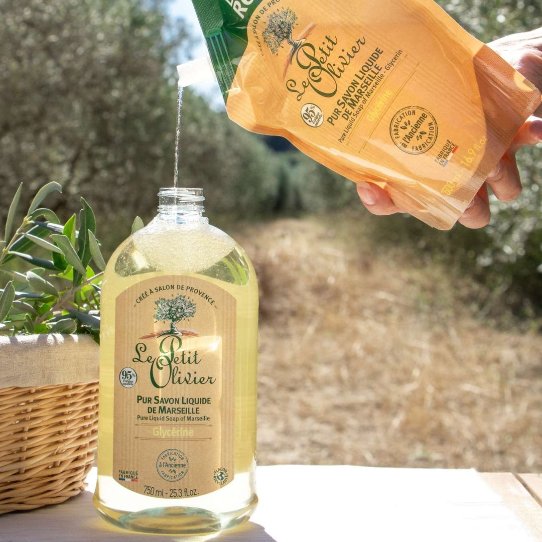 le petit olivier duo pure liquid soap from marseille and complementary eco glycerine refill