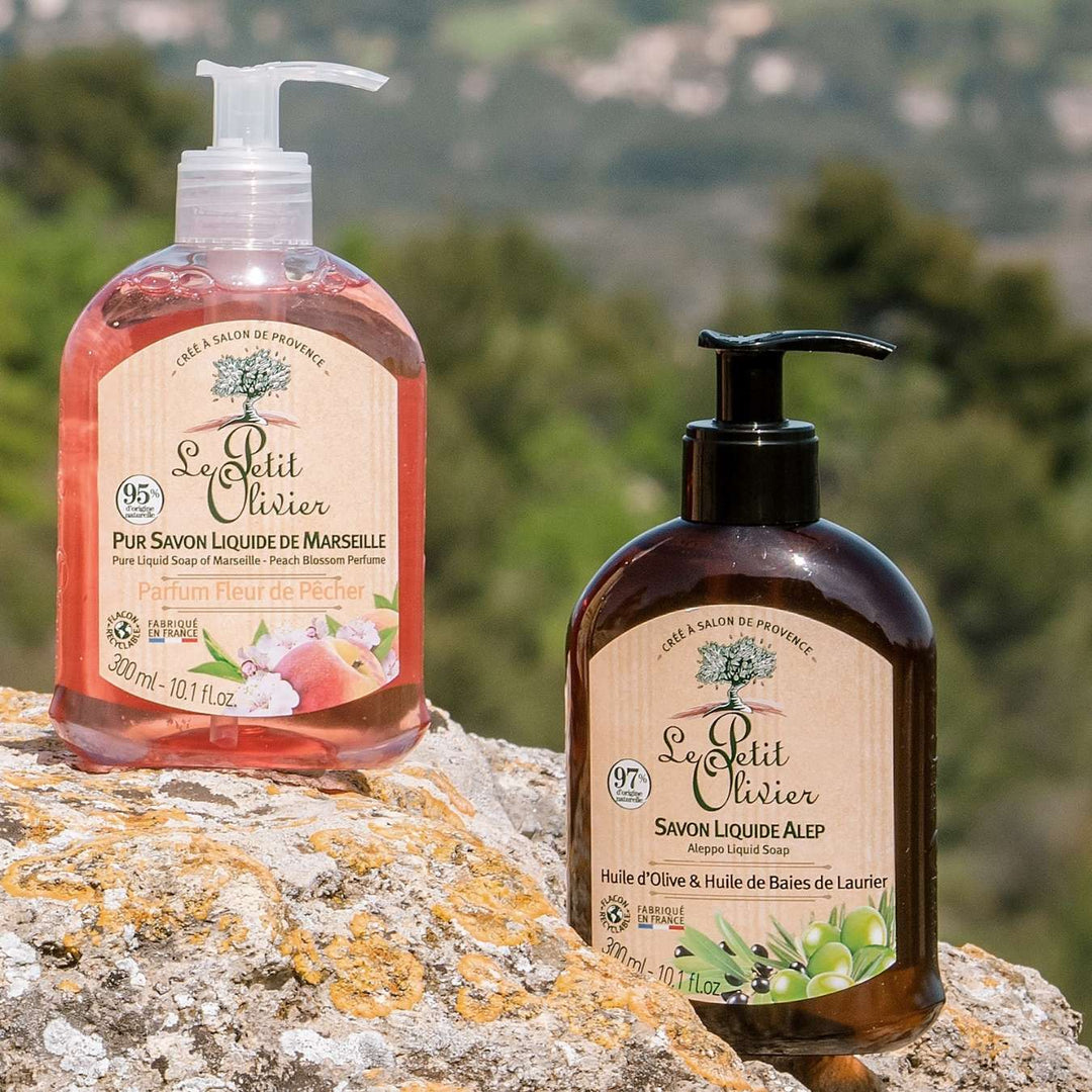 le petit olivier lot de 12 pur savon liquide de marseille parfum fleur de pecher complementaire