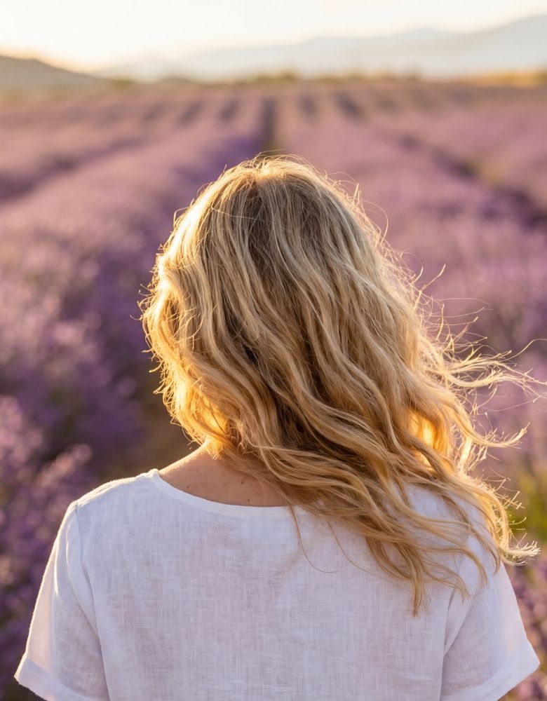 femme de dos aux longs cheveux blonds dans un champ de lavande
